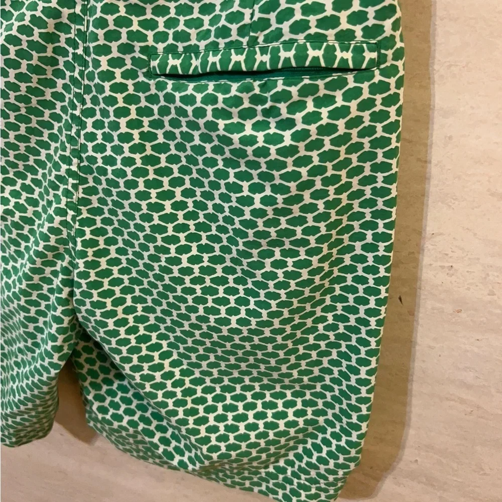 J.Crew Men's Swim Trunks in a green and white geometric print.